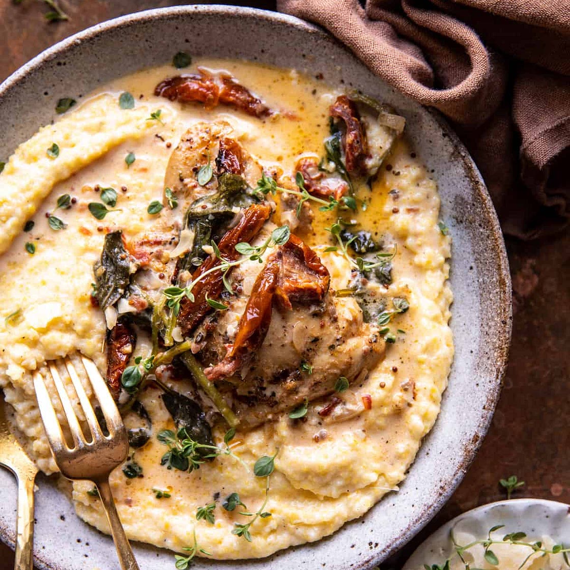 Crockpot Sun-Dried Tomato Chicken with Creamy Polenta