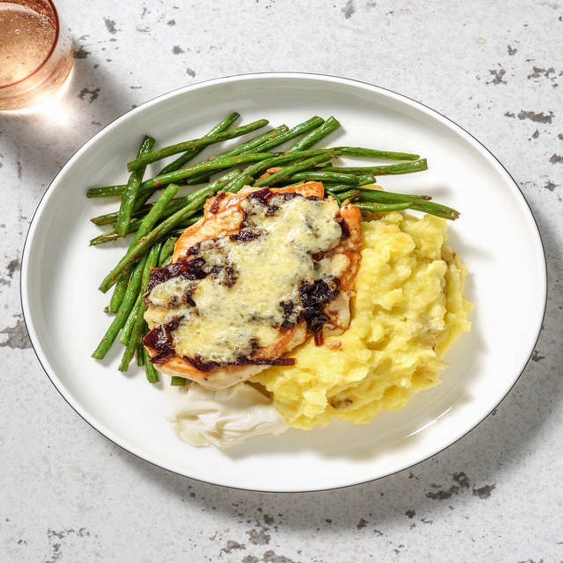 Cheese and Caramelised Onion Chicken with Garlic Mash and Stir-Fried Green Beans