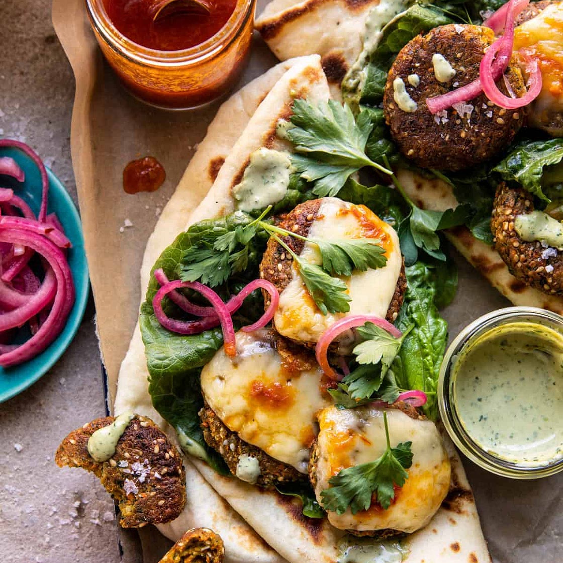 Crispy Sesame Falafel Melts with Garlicky Green Tahini