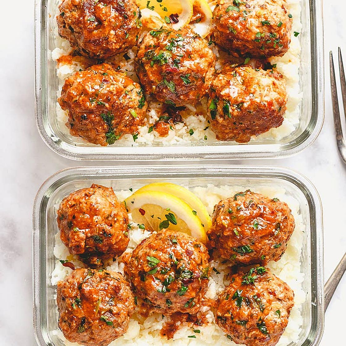Meal Prep Garlic Butter Chicken Meatballs with Cauliflower Rice