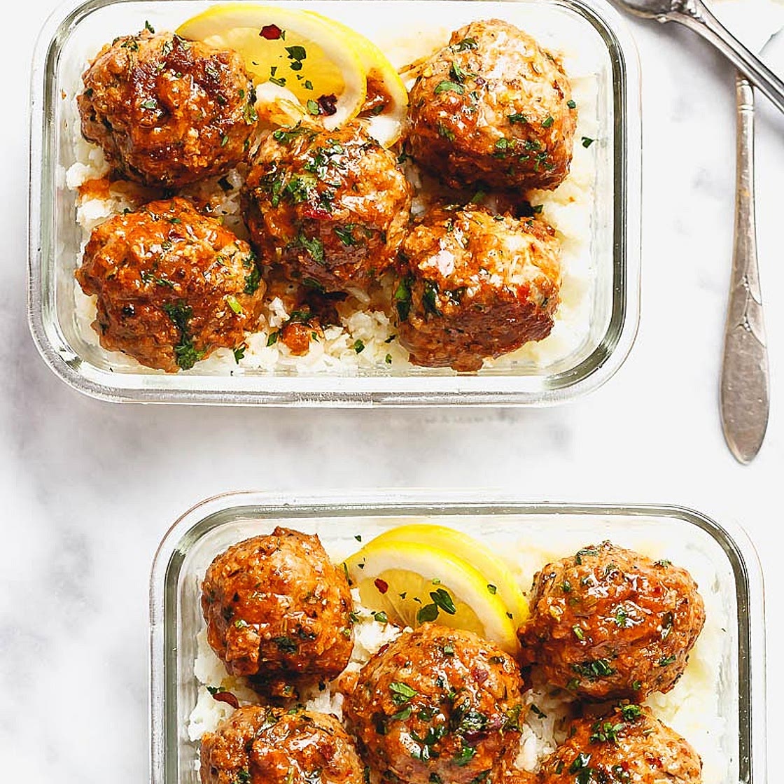 Meal Prep Garlic Butter Chicken Meatballs with Cauliflower Rice