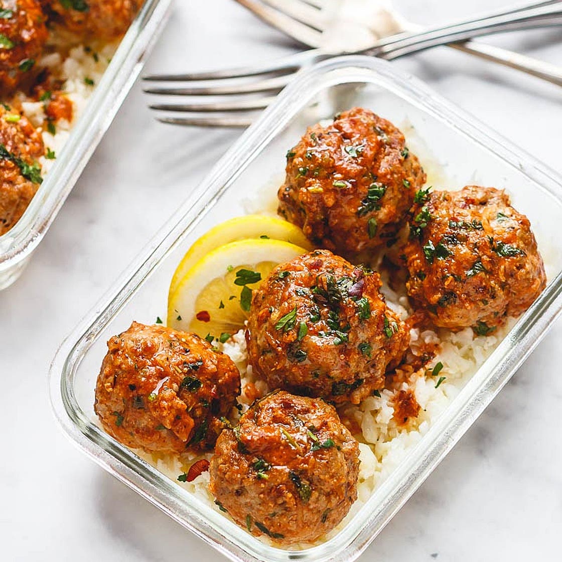 Meal Prep Garlic Butter Chicken Meatballs with Cauliflower Rice