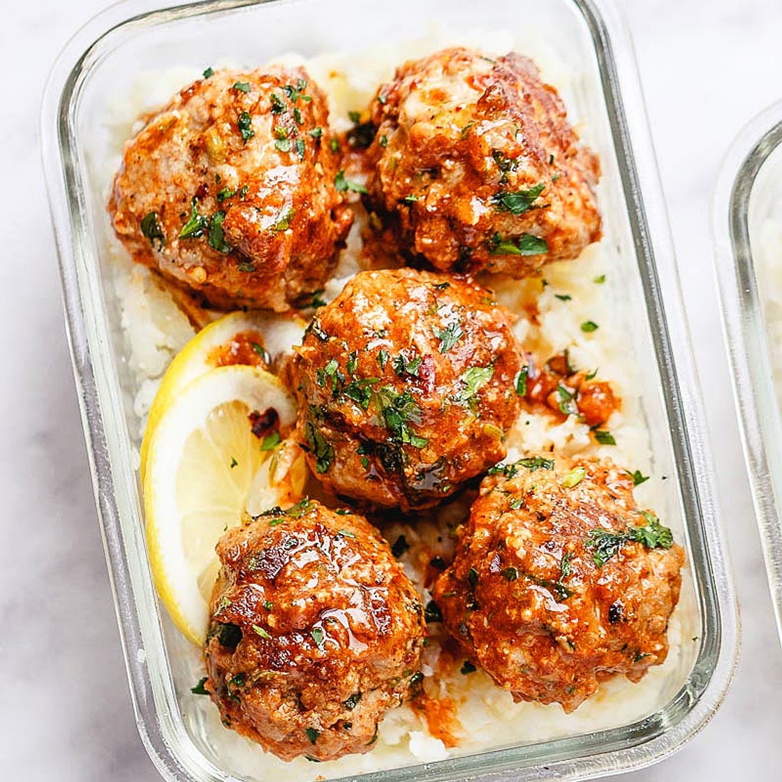 Meal Prep Garlic Butter Chicken Meatballs with Cauliflower Rice