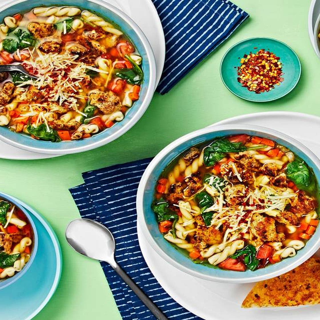 Italian Noodle Soup with Chicken Sausage, Gemelli Pasta, and Parmesan Toasts