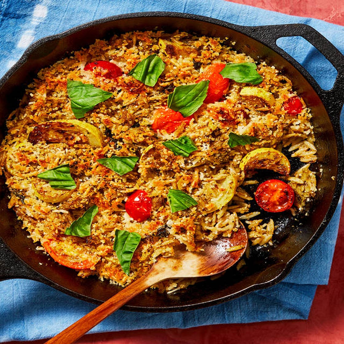 Cheesy Pesto Orzotto with Heirloom Tomatoes and Yellow Squash
