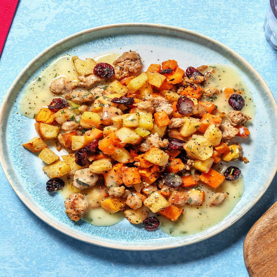 Sausage-Apple Stuffing Bowls with Sage Gravy