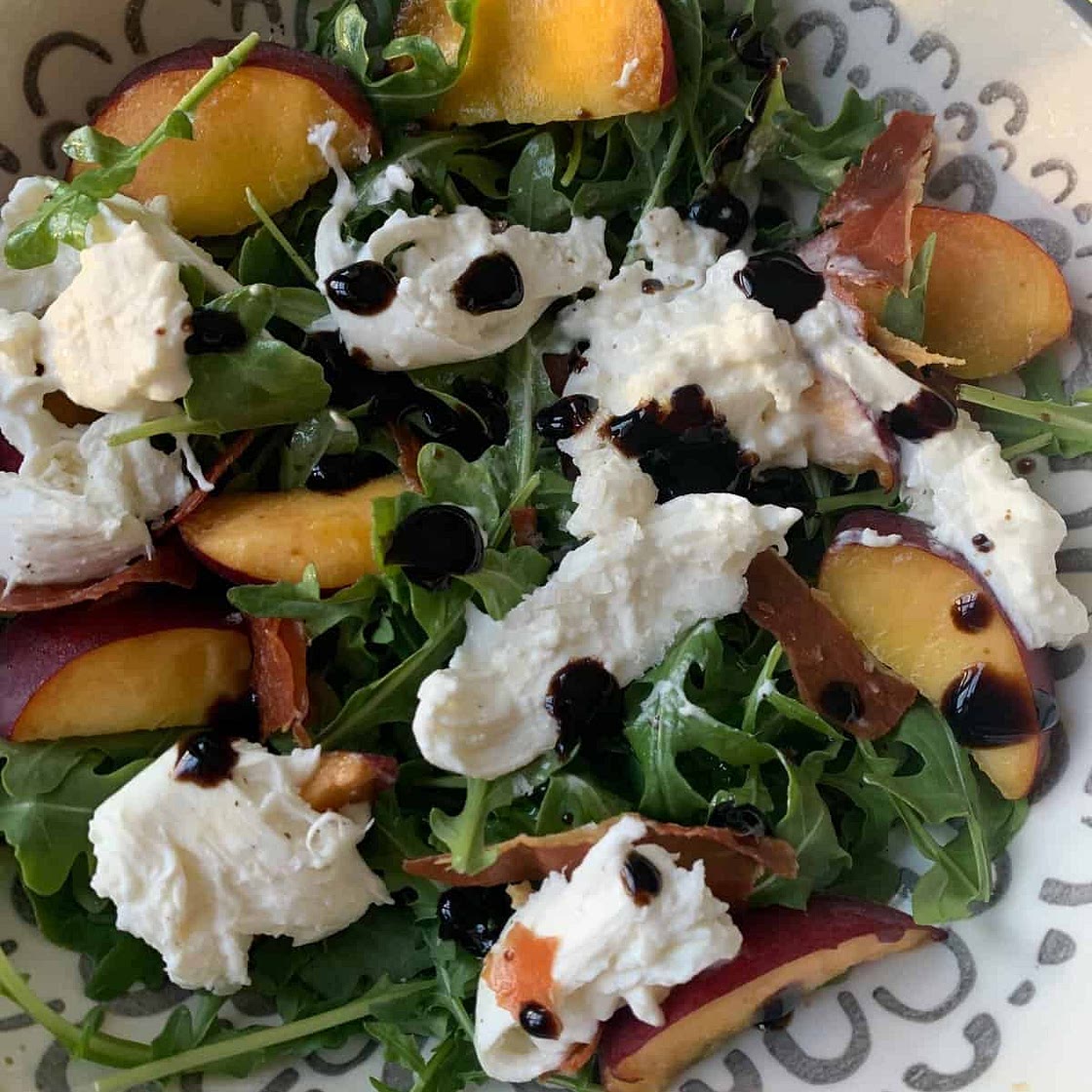 Arugula, Peach, Burrata, and Crispy Prosciutto Salad