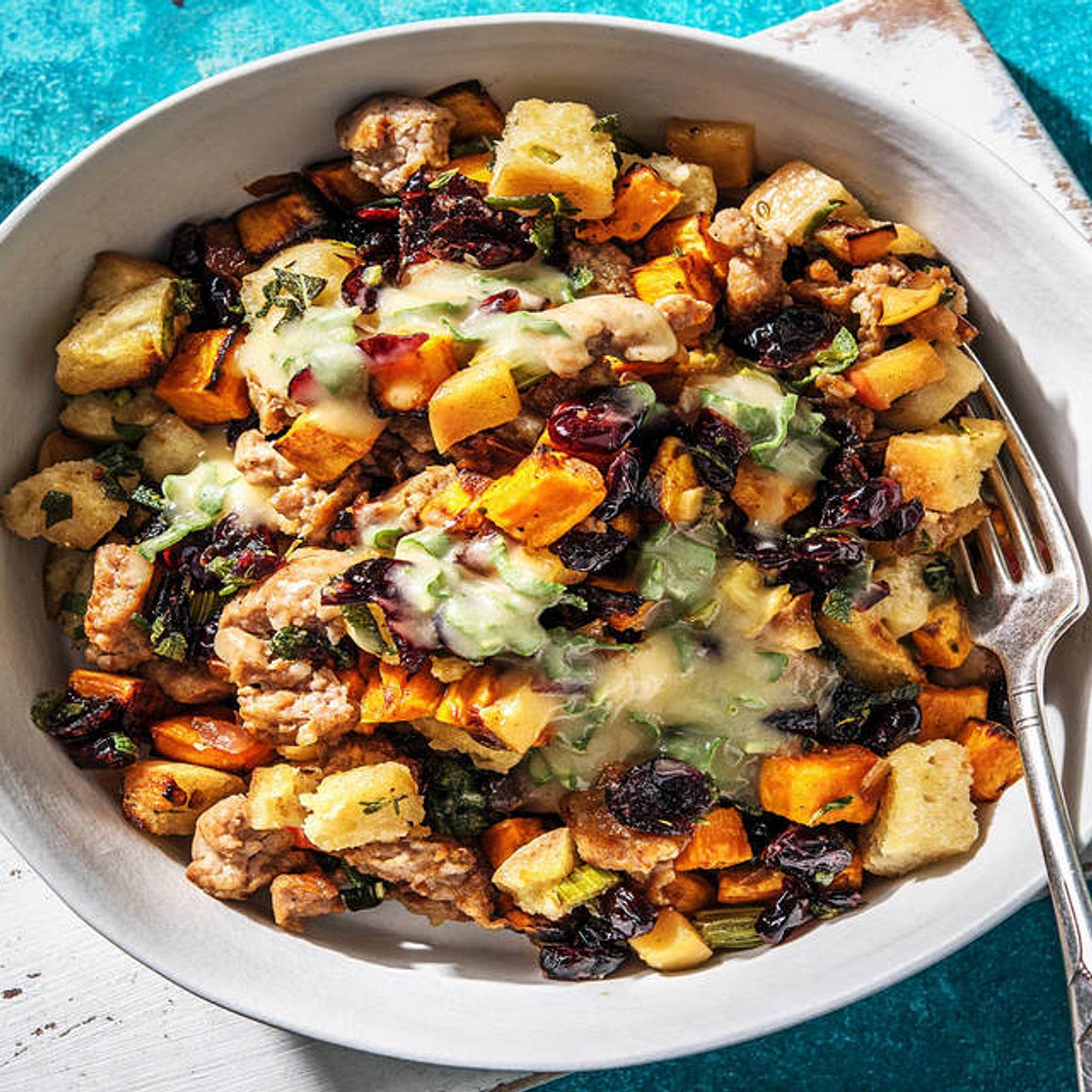 Sausage-Apple Stuffing Bowl with Sage Gravy