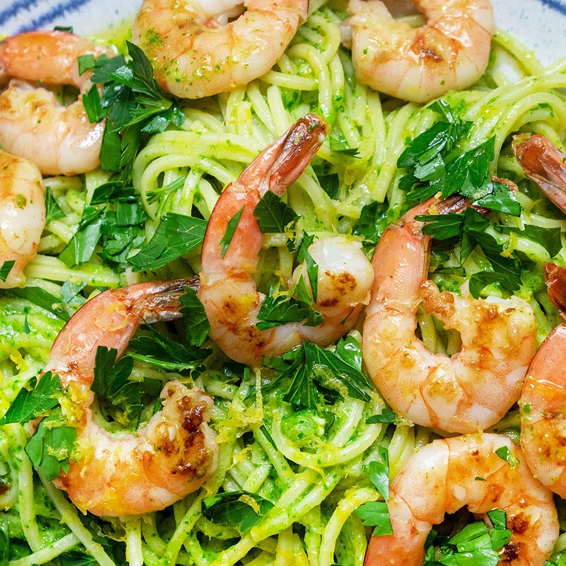 Arugula Pesto Pasta With Shrimp