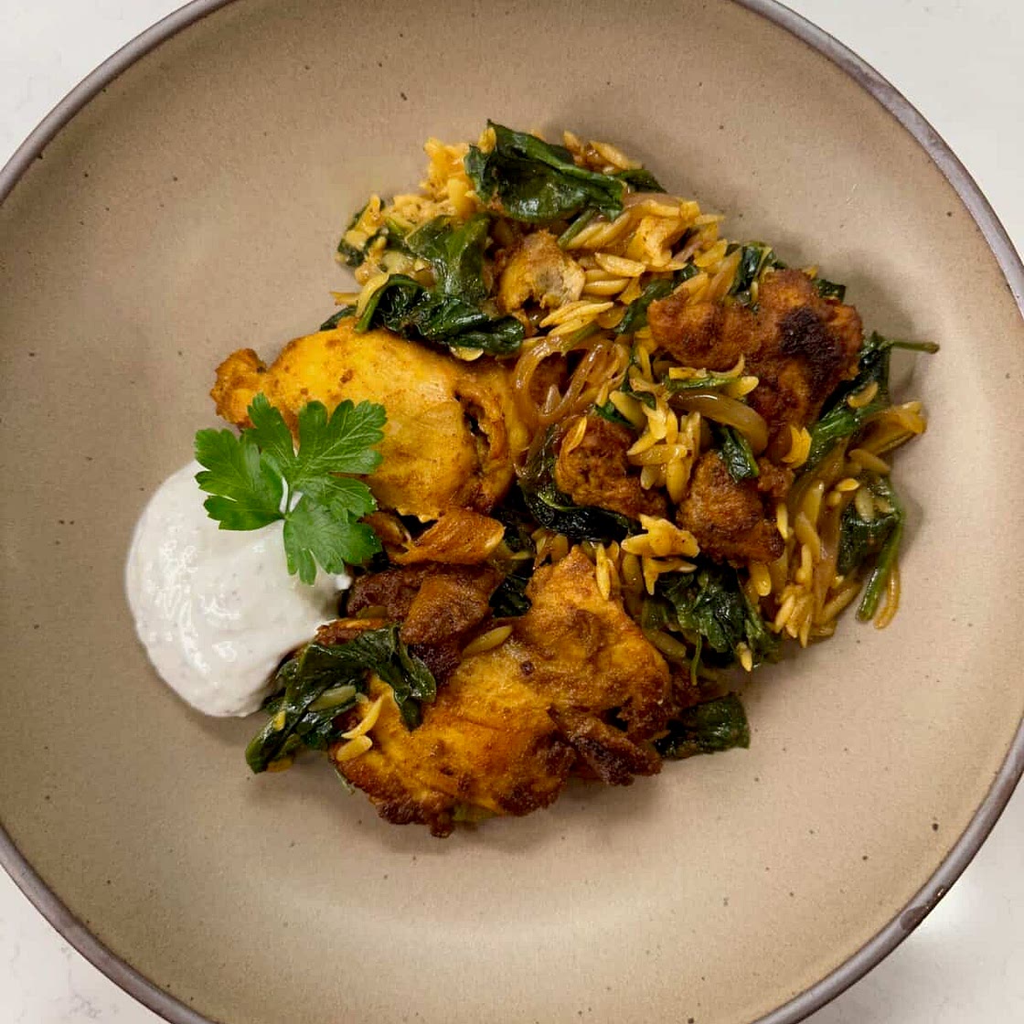 Chicken Shawarma Orzo with Yogurt Sauce