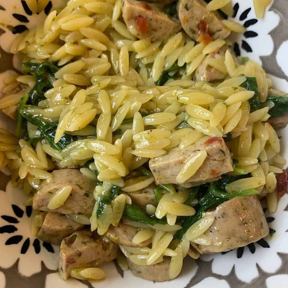 One Pan 5 Ingredient Pesto Orzo w/ Chicken Sausage