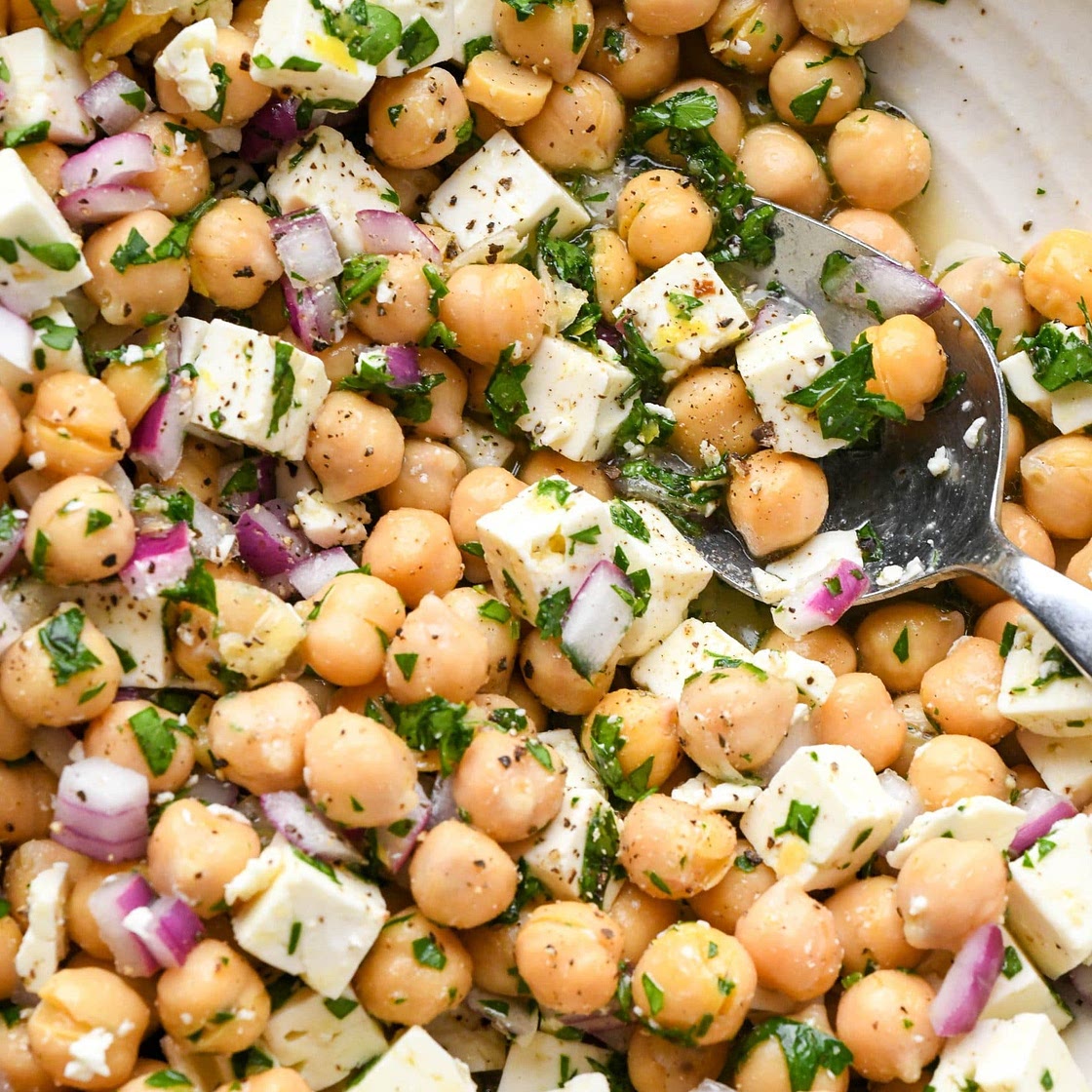 Lemony Chickpea Feta Salad {Gluten Free + Vegan Option}