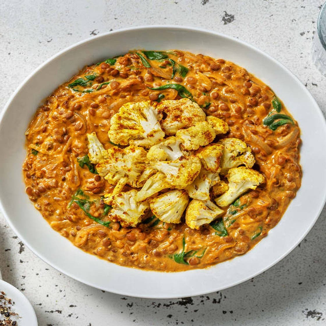 North Indian Style Cauliflower & Lentil Dal with Caramelised Onion and Spinach