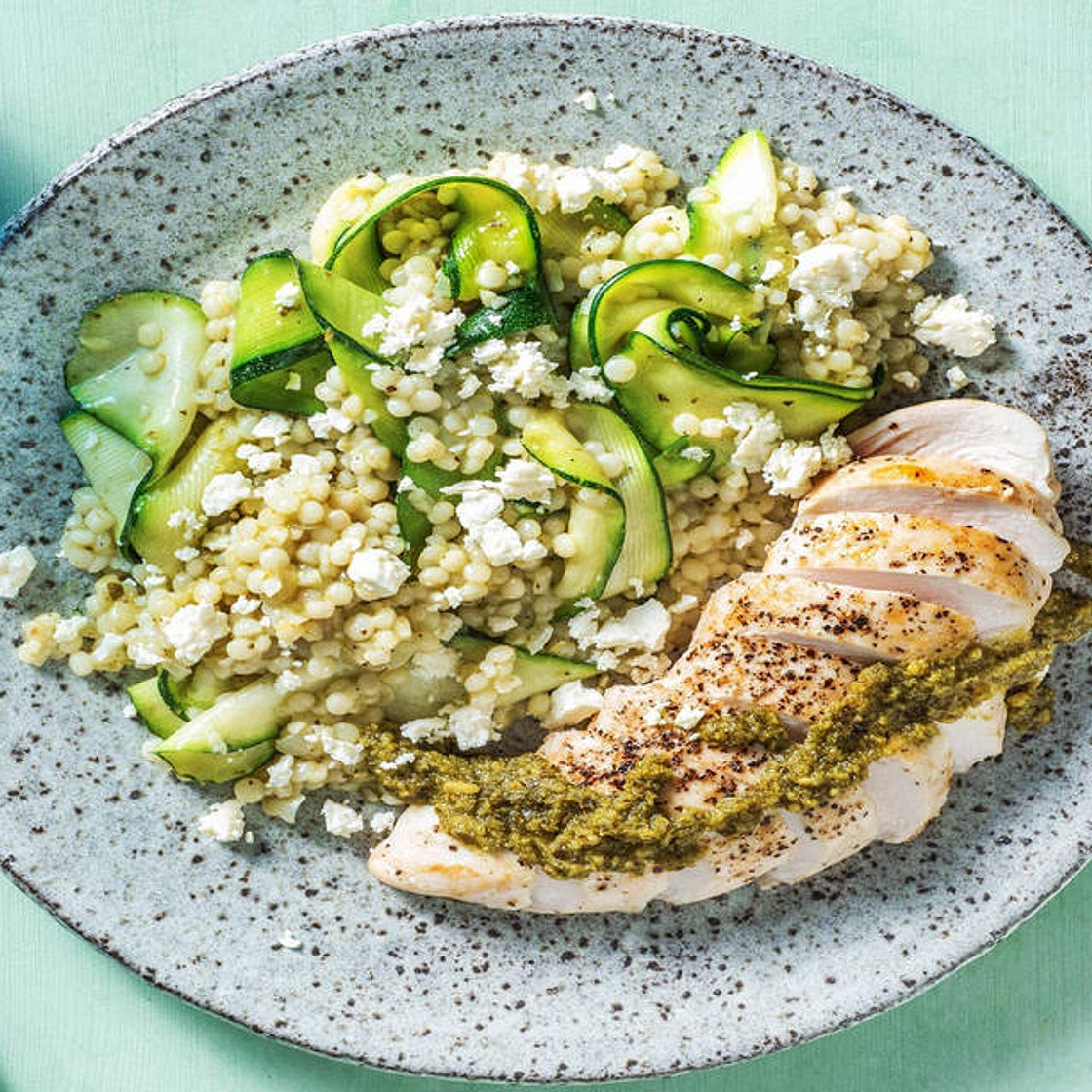 Pesto Chicken with Lemony Couscous and Zucchini Salad