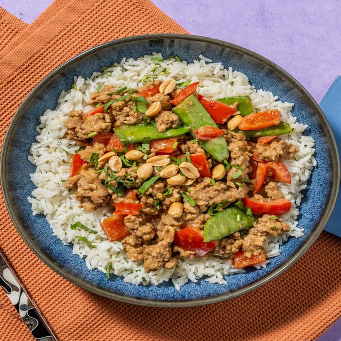 Peanutty Ground Chicken Stir-Fry with Snow Peas and Peppers