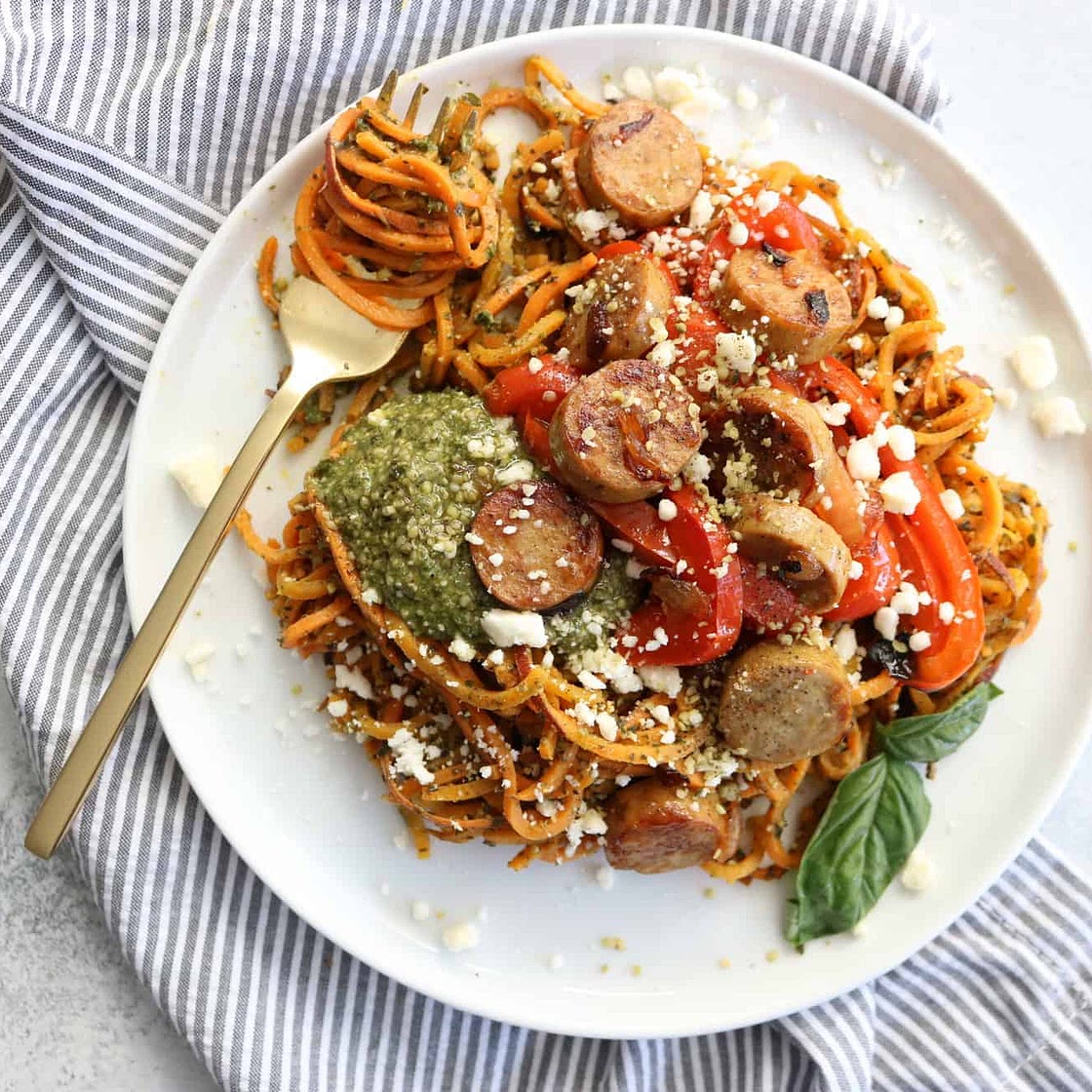 Spiralized Sweet Potatoes with Pesto + Sausage