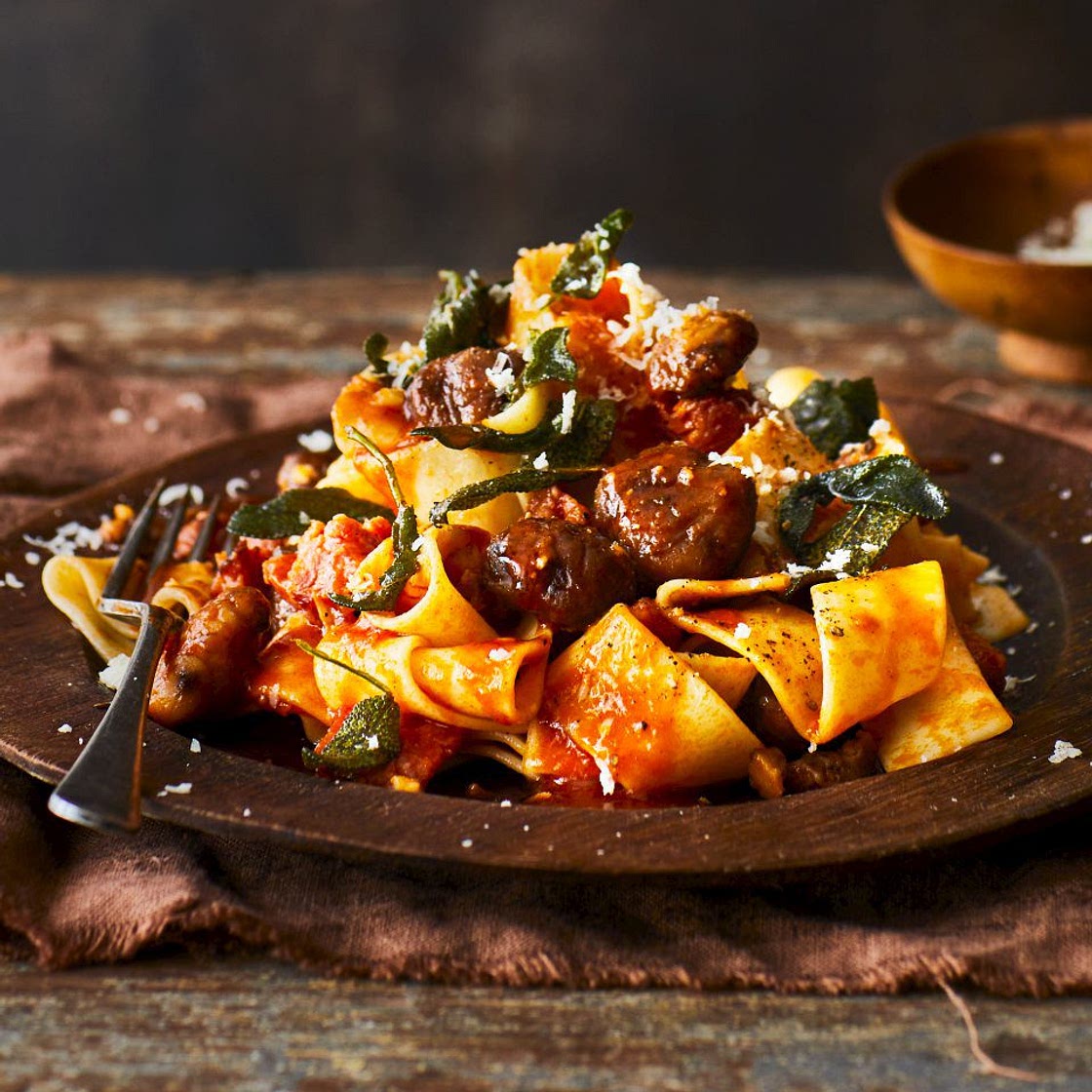 Pasta with sausage, chestnuts and sage