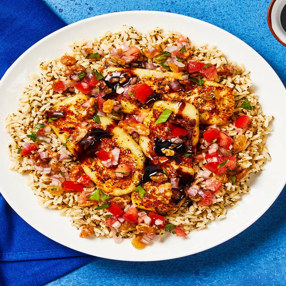 Spicy Balsamic-Glazed Grilling Cheese over Rice with Tomato-Walnut Relish