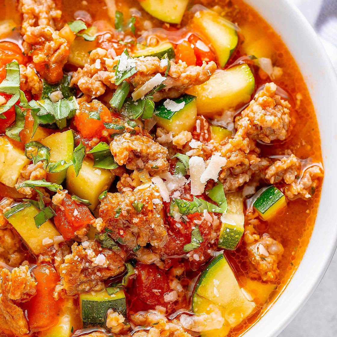 Healthy Zucchini Tomato Italian Sausage Soup