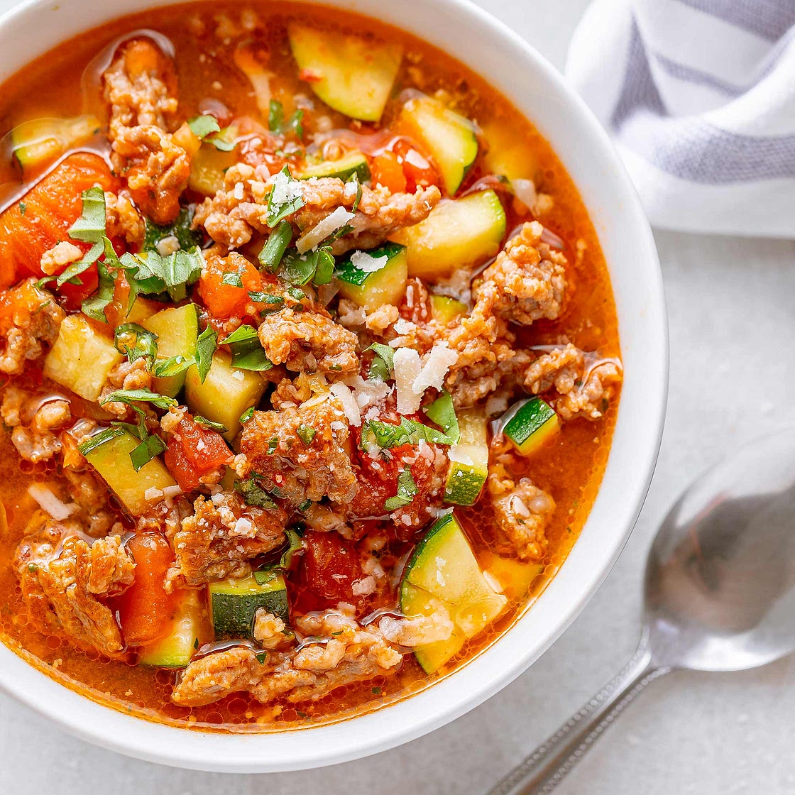 Healthy Zucchini Tomato Italian Sausage Soup