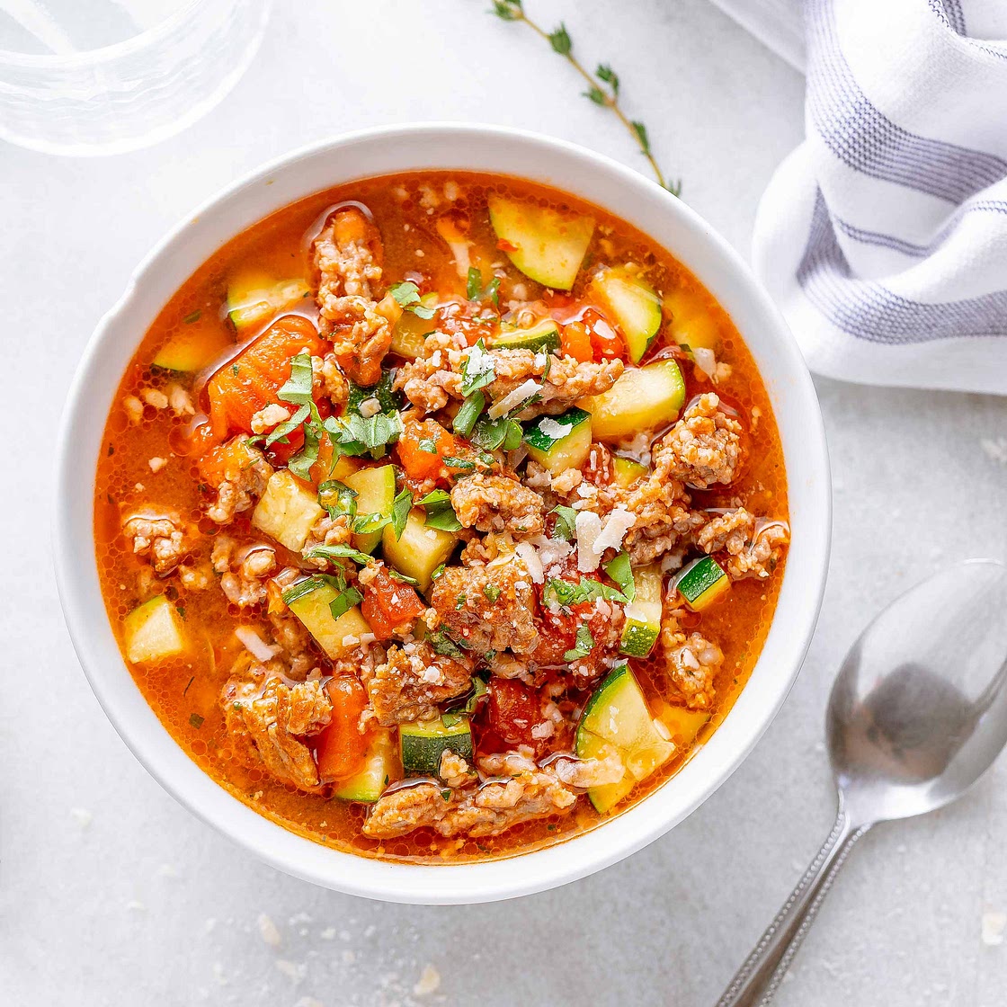 Healthy Zucchini Tomato Italian Sausage Soup