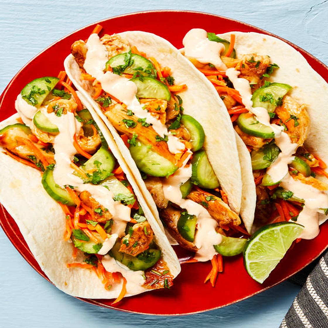Banh-Mi-Style Chicken Tacos with Pickled Cucumber & Sriracha Mayo