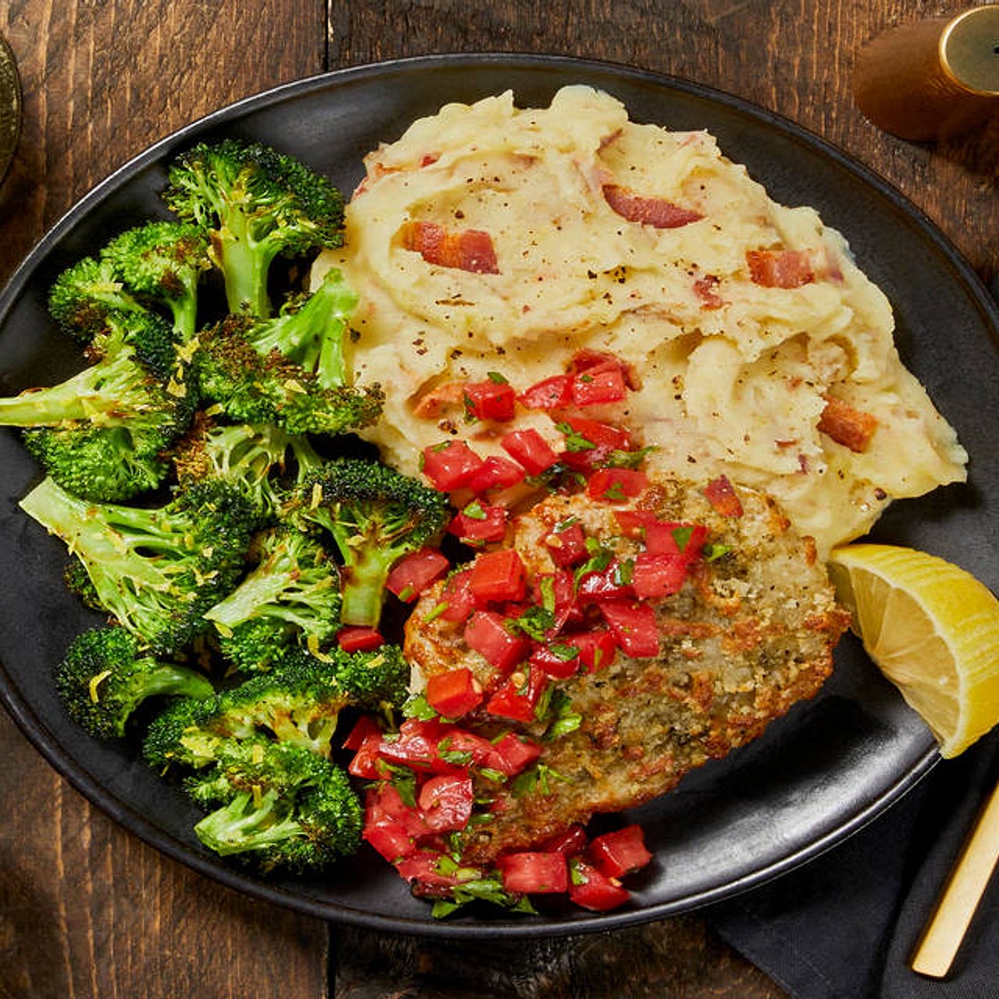 Bruschetta Chicken with a Crispy Mozzarella Crust, Bacon Mashed Potatoes & Broccoli