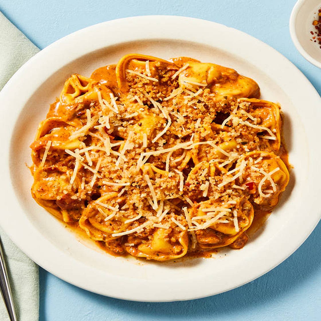 One-Pan Trattoria Tortelloni Bake with a Crispy Parmesan Panko Topping