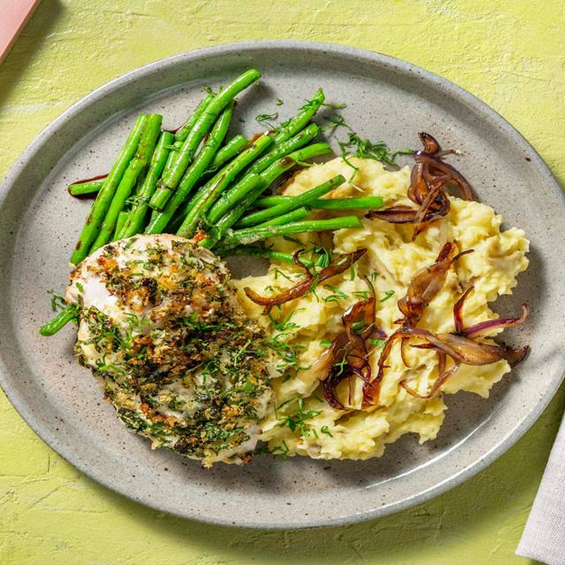 Herby Chicken with Red Onion Mash and Garlicky Beans
