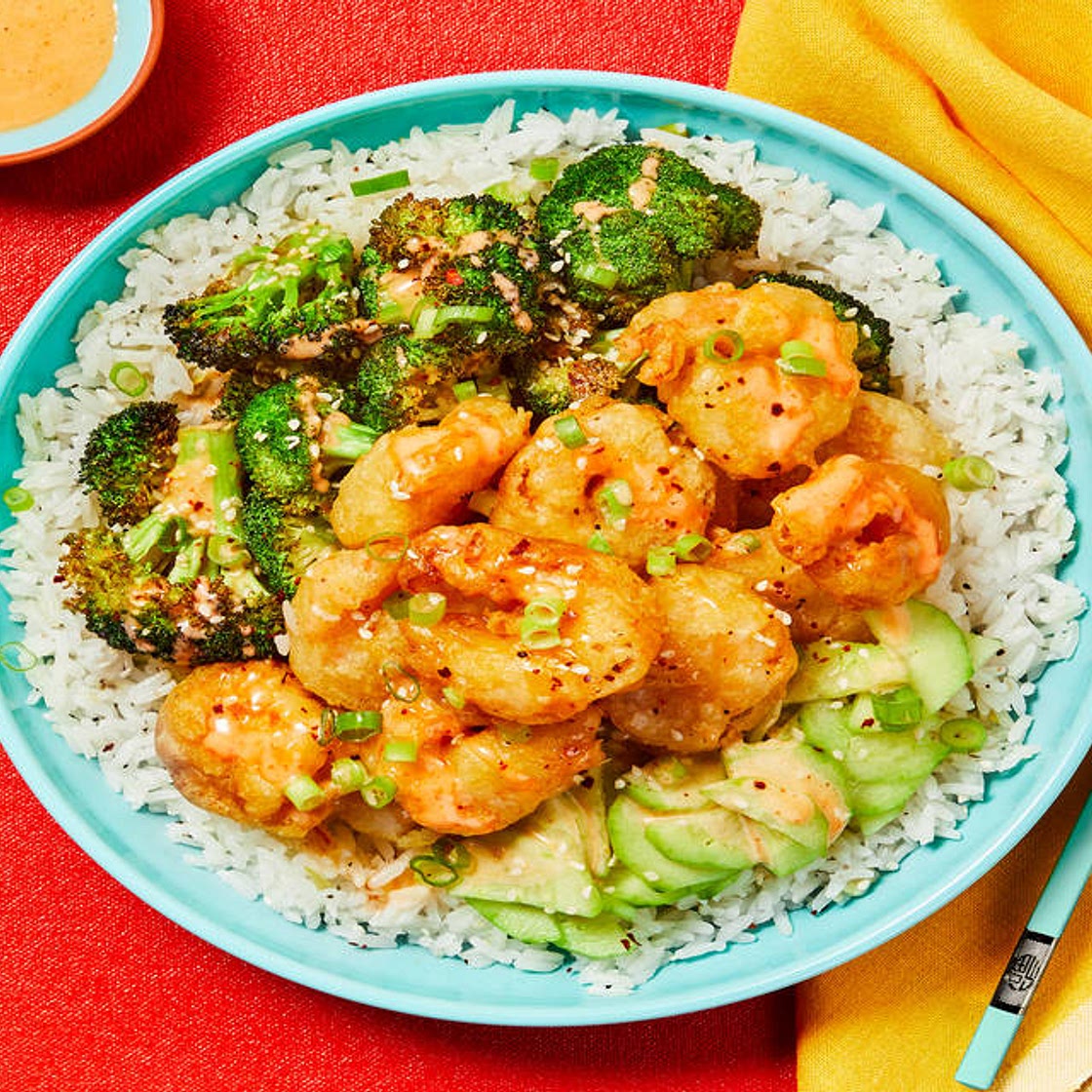 Sweet Heat Shrimp Tempura Bowls with Sesame-Roasted Broccoli & Quick Pickles