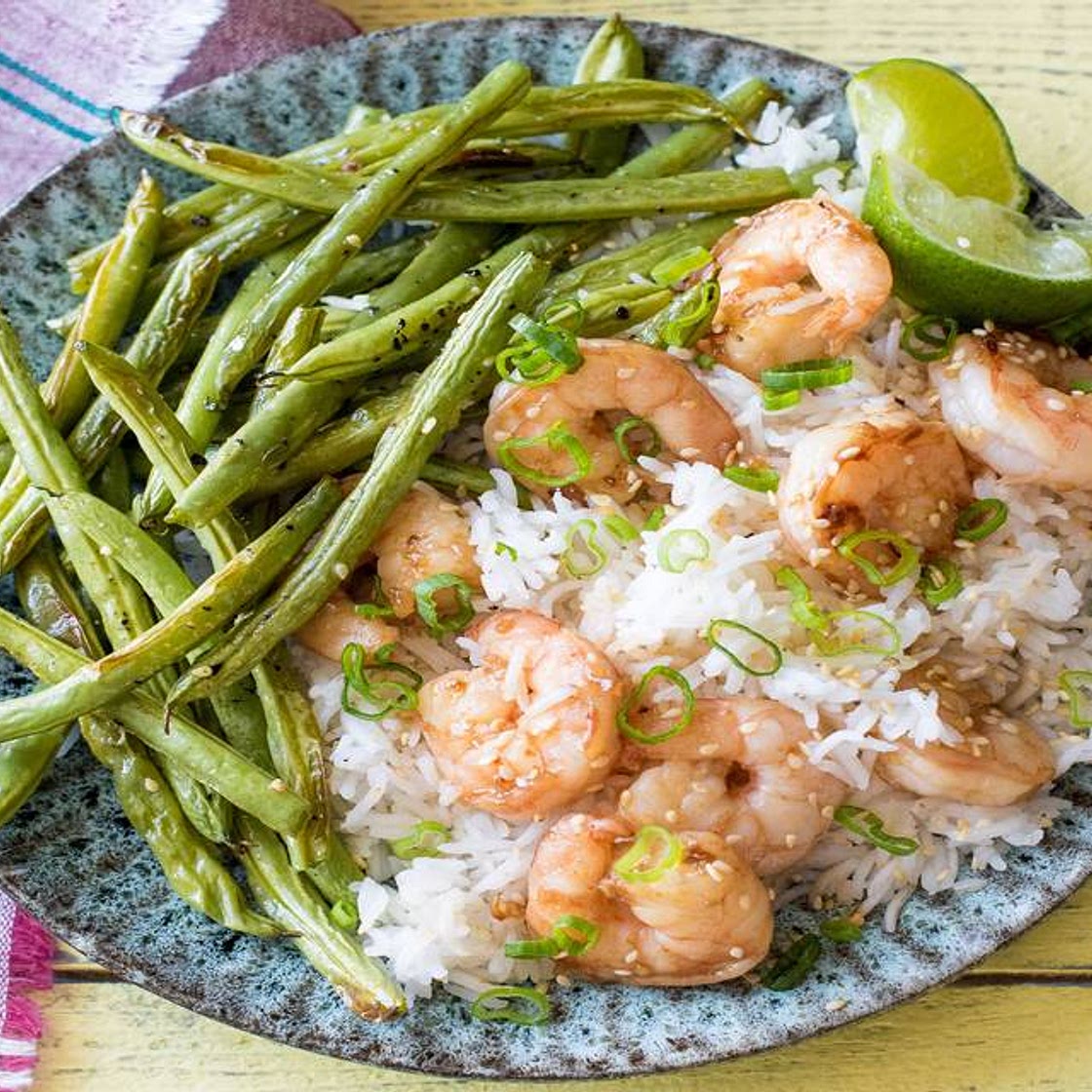Sesame Shrimp with Ginger Scallion Rice and Crispy Green Beans