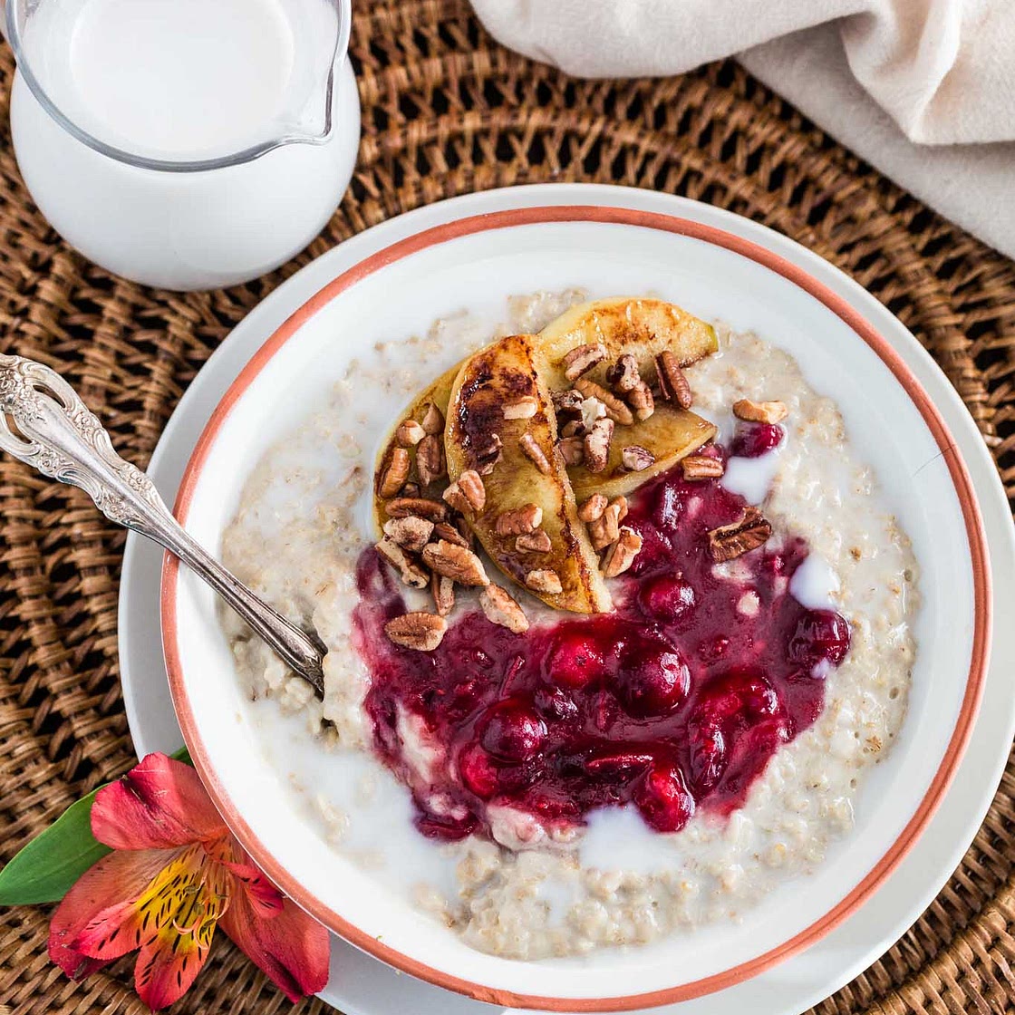 Christmas Oats Porridge with Cranberry Sauce, Apples and Pecans