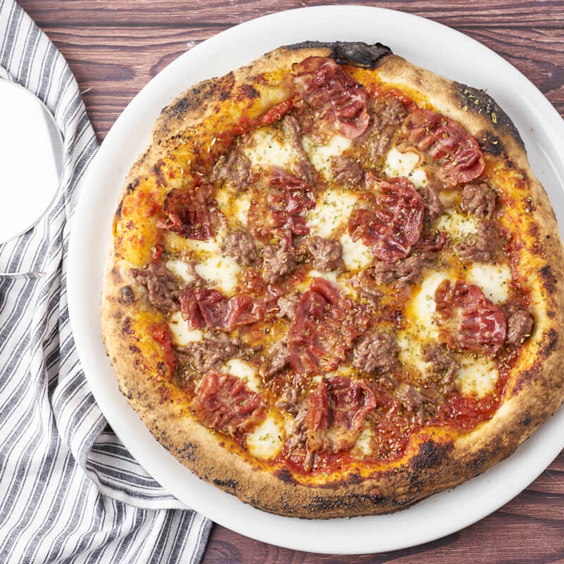 Beef and bacon pizza