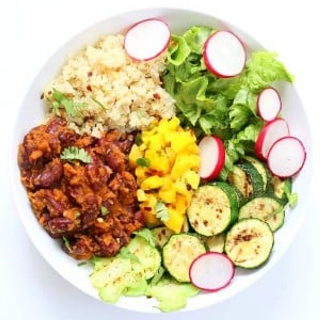 Curried Kidney Beans, Quinoa, Roasted Zucchini, Mango Salsa Bowl