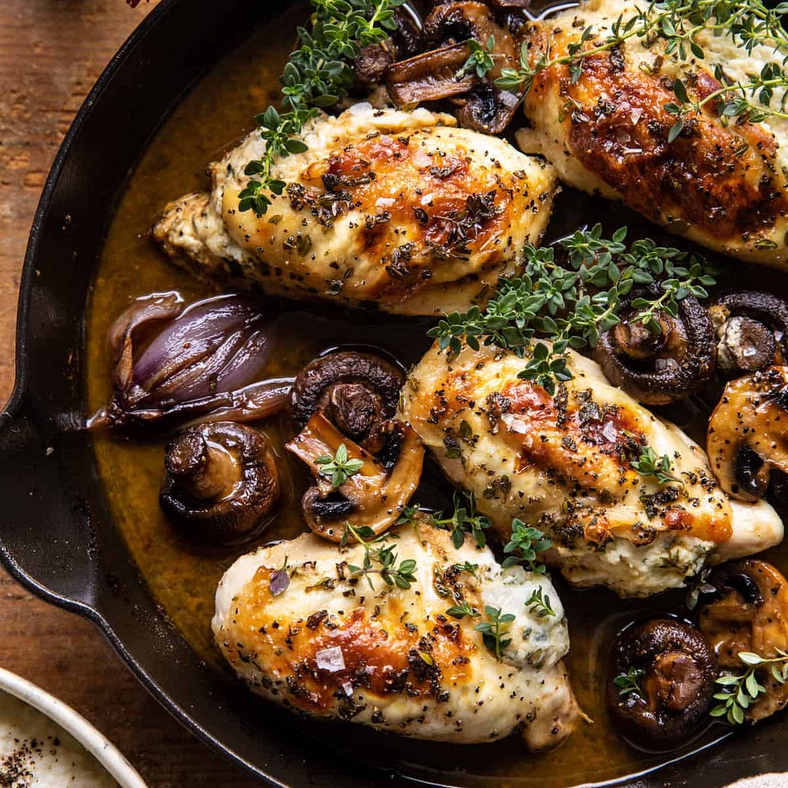 Herbed Ricotta Stuffed Chicken In Cider Pan Sauce with Mashed Cauliflower