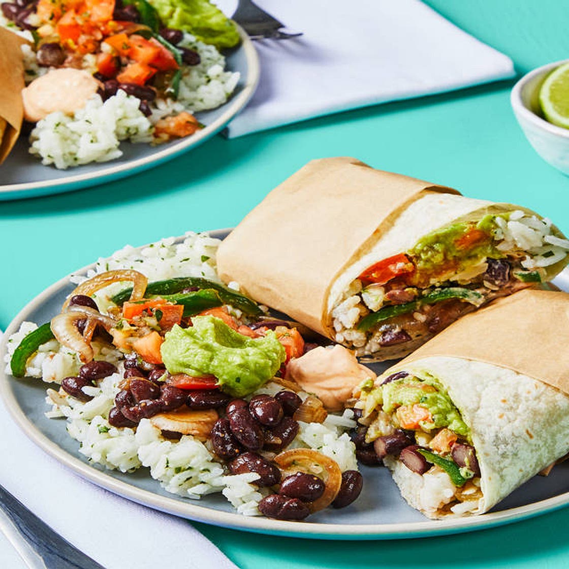 Black Bean & Poblano Burritos with Monterey Jack, Pico de Gallo, Cilantro Lime Rice & Guacamole