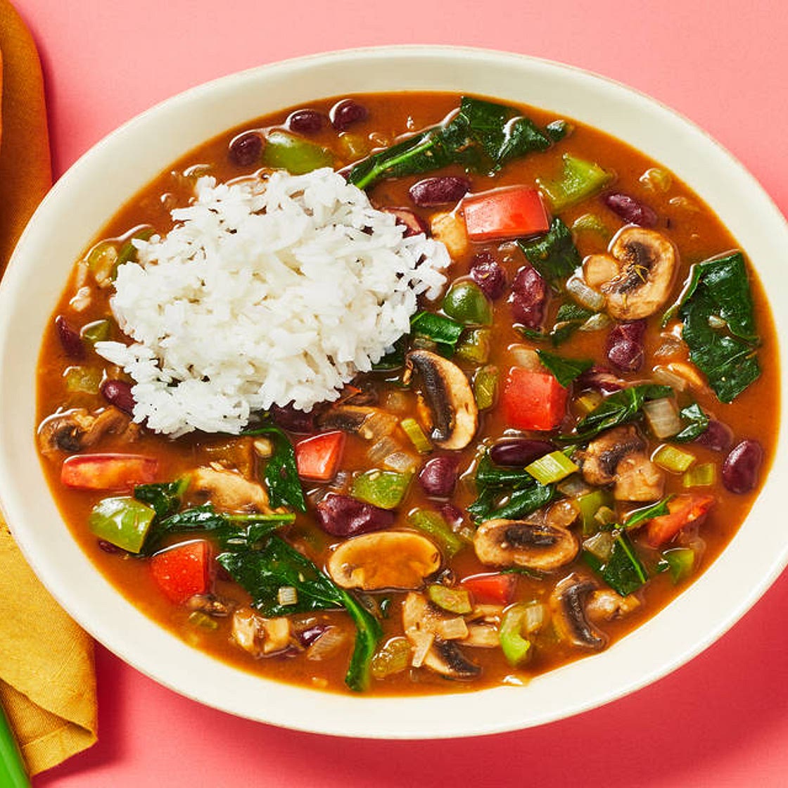 Collard Green & Kidney Bean Gumbo with Mushrooms and Jasmine Rice