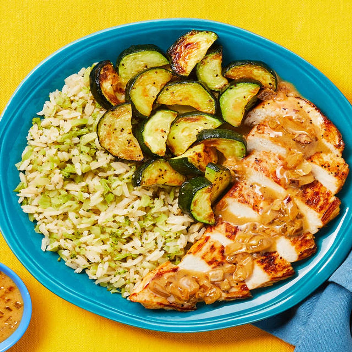 Sour Cream ‘N’ Onion Chicken with Broccoli Rice & Roasted Zucchini