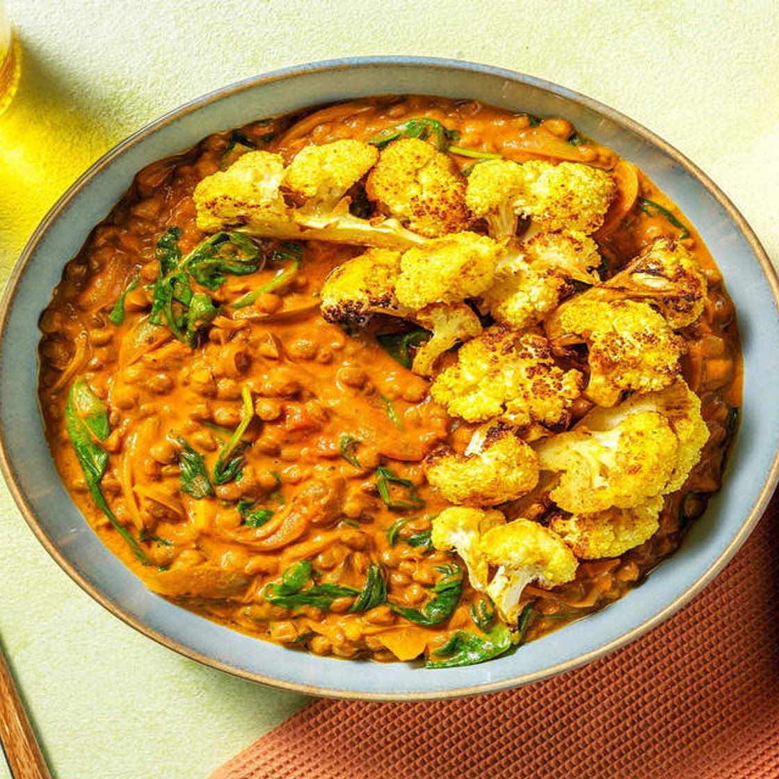 North Indian Style Cauliflower & Lentil Dal with Caramelised Onion and Spinach