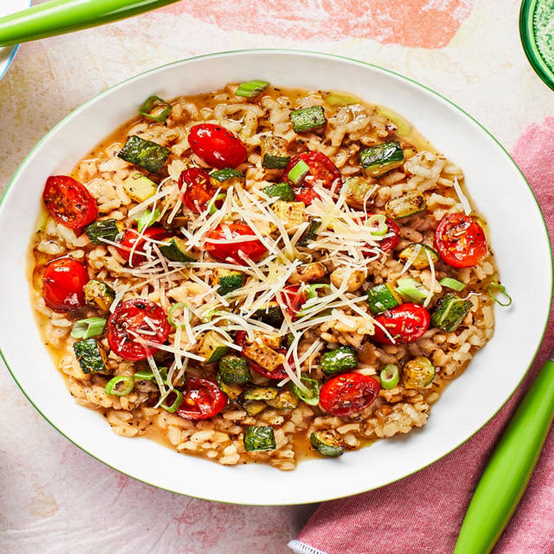 Basil-Oil-Topped Parmesan Risotto with Balsamic Tomatoes and Zucchini