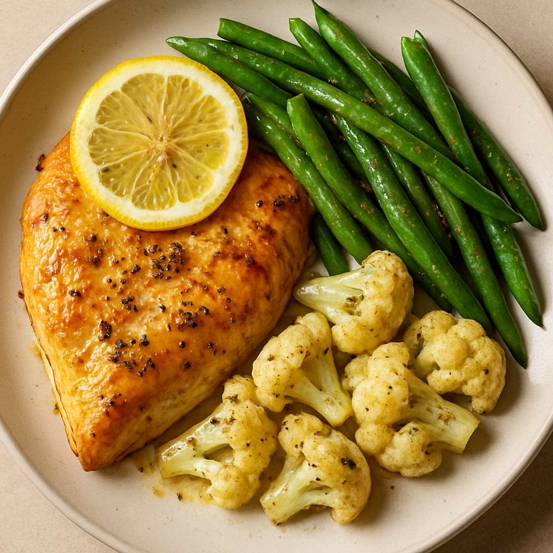 Lemon Garlic Chicken with Green Beans and Cauliflower