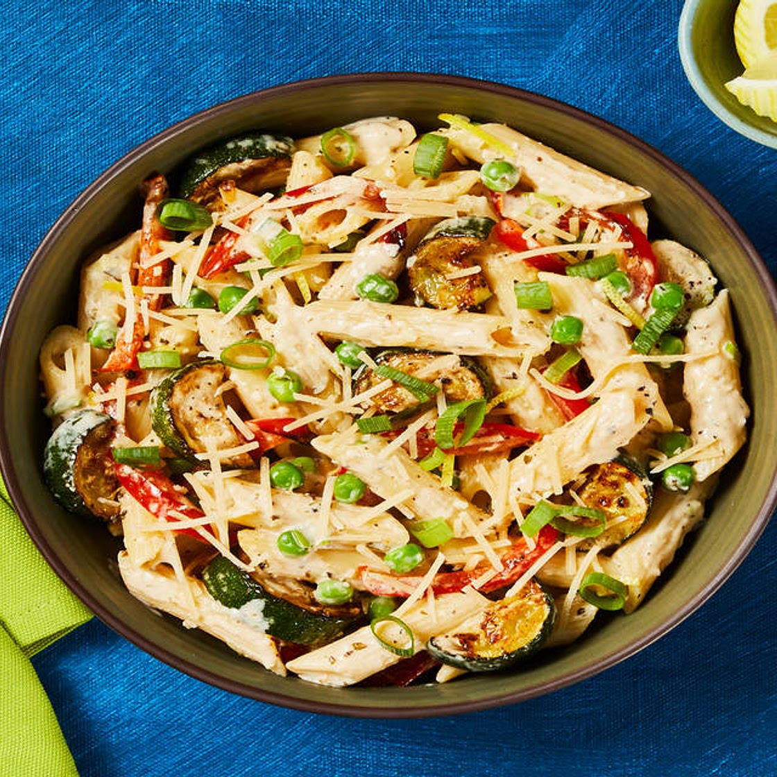 Pasta Primavera with Lemon Parm Sauce, Bell Pepper, Zucchini & Peas