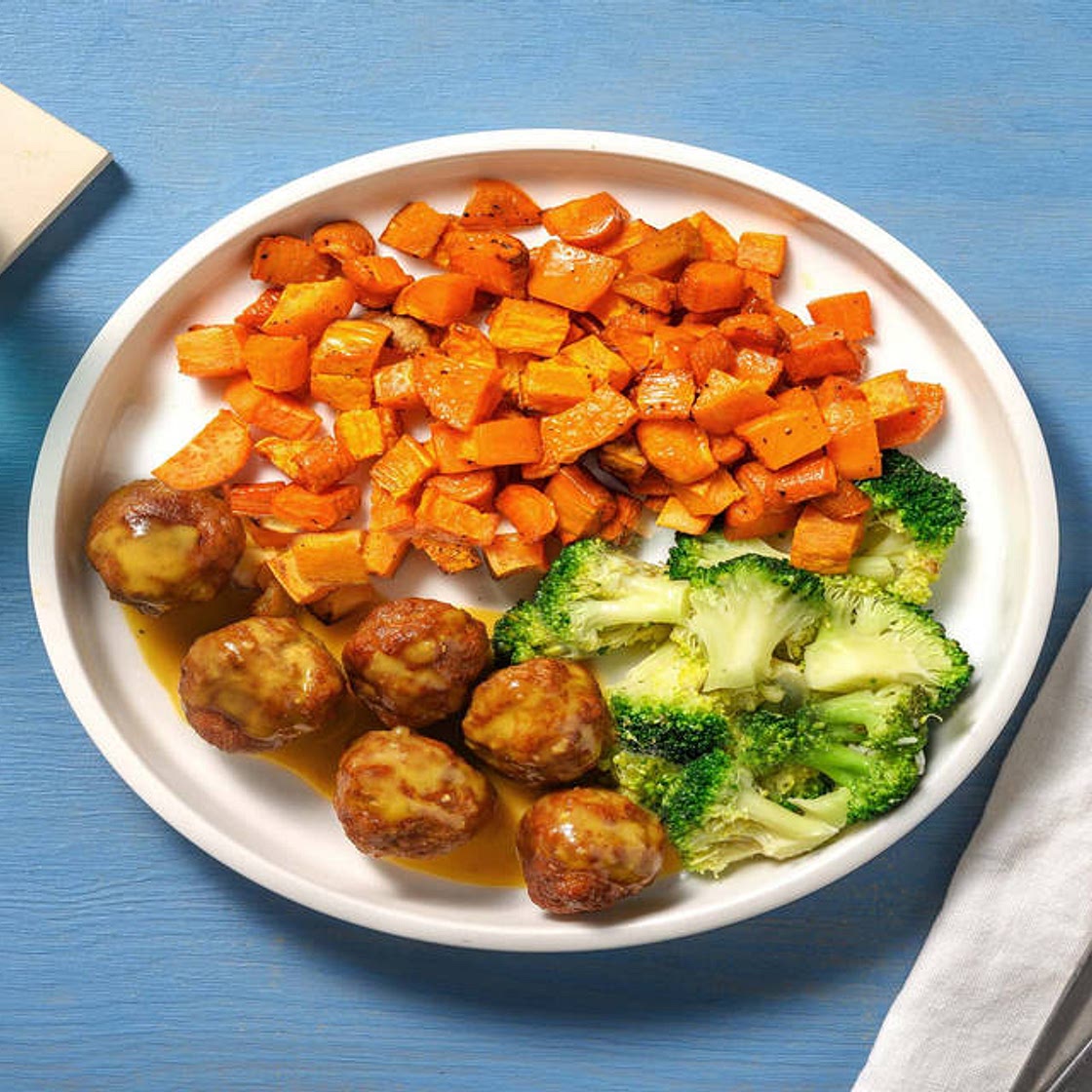 Savoury Pork Meatballs in Dijon Gravy with Carrots and Sweet Potatoes