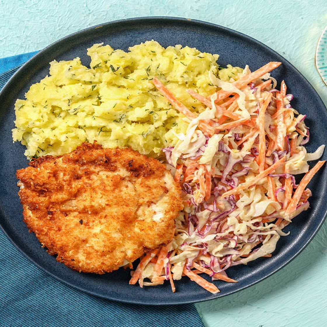 Chicken Schnitzel Plates with Dill-Garlic Smashed Potatoes and Apple Slaw