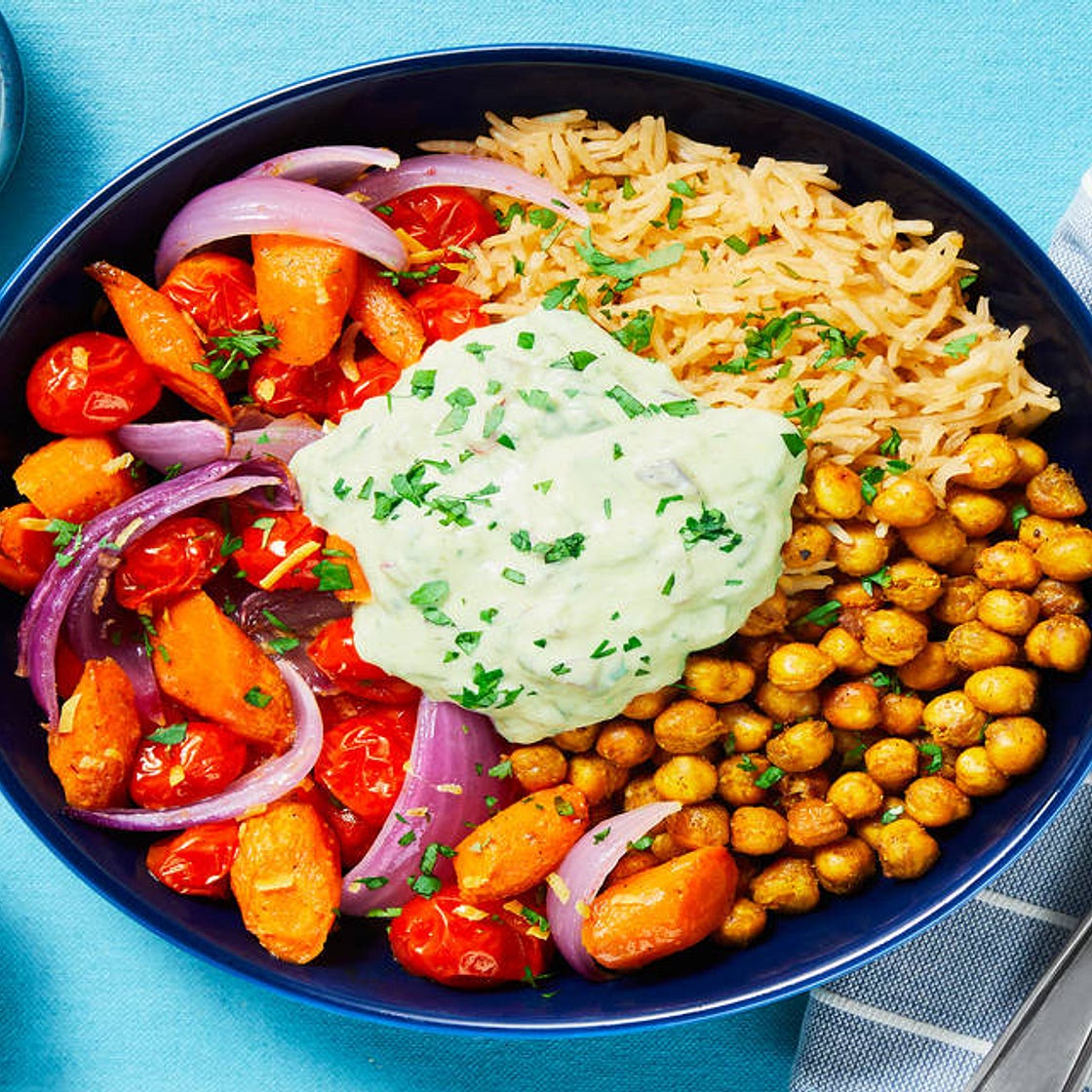 Curry-Spiced Chickpea Bowls with Roasted Veggies, Cucumber Raita & Garlic Basmati Rice