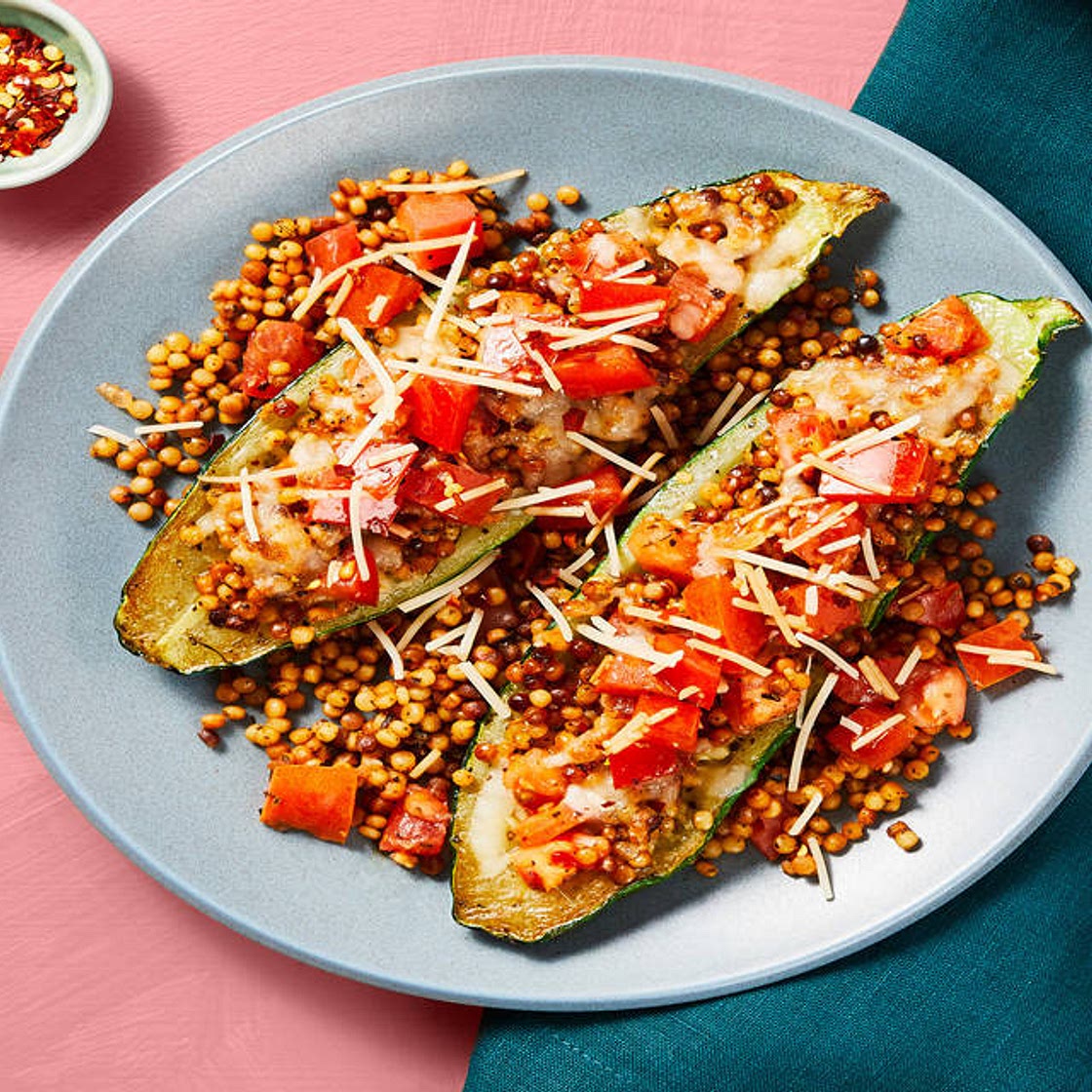 Bruschetta Zucchini Boats with Couscous & Melty Mozz