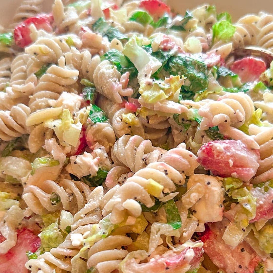 Low FODMAP Strawberry Feta Pasta Salad with Avocado