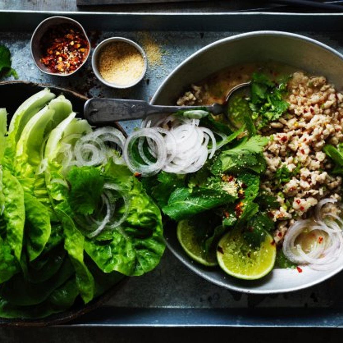 Chicken larb with roasted rice