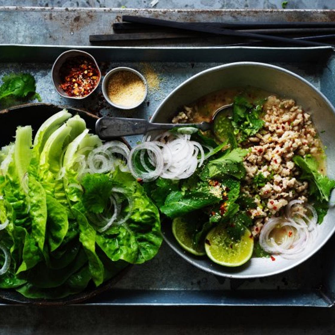 Chicken larb with roasted rice