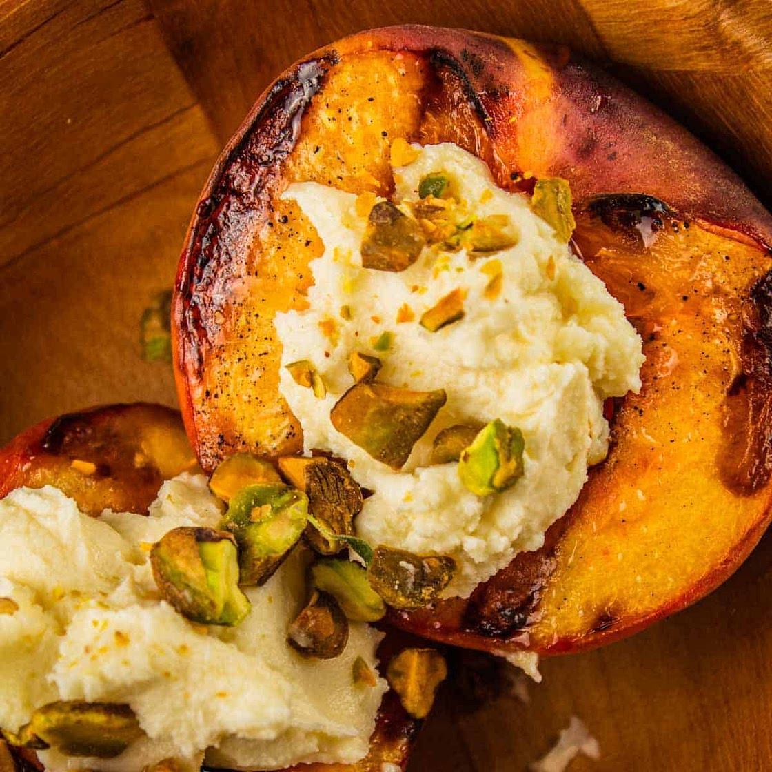 Honey-Grilled Peaches with Mascarpone and Pistachios